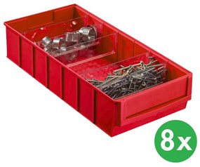 Plastikowy pojemnik do regału ShelfBox typ E - 183 x 400 x 81 mm, 8 ks, czerwony