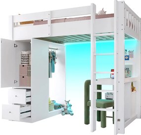 Łóżko piętrowe dla dzieci - 90 x 200 cm - z 4 szufladami + szafa + biurko + diody LED i USB - drewno + MDF - białe