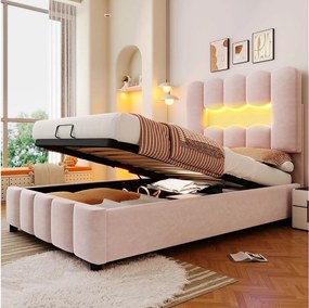 Łóżko z pojemnikiem 90 x 200 cm - Łóżko dziecięce z oświetleniem LED i regulowanym zagłówkiem - różowy aksamit - materac nie jest wliczony w cenę