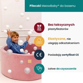Piankowy zestaw do zabawy z suchym basenem 90x30cm/200 piłek 7cm, plac zabaw dla dziecka, 4 elementy, welurowy, jasnoróżowy, piłki: szare, białe - meowbaby®