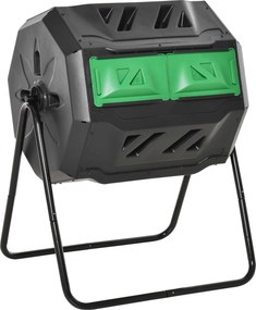 Outsunny Pojemnik na Kompost z 2 Przegrodami Obrotowy 160L Zielony Czarny 71x65x96cm | Aosom PL