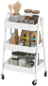 HOMCOM Wózek Serwisowy z 3 Poziomami na Kółkach z Uchwytem i Hamulcem do Kuchni, Biura, Łazienki, Biały