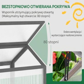 Outsunny Mini Szklarnia, Kompaktowy Domek dla Roślin z Drewna, Płyty Polikarbonatowe, Otwierany Dach, 90Dł x 52Szer x 49,5Wys cm, Szary
