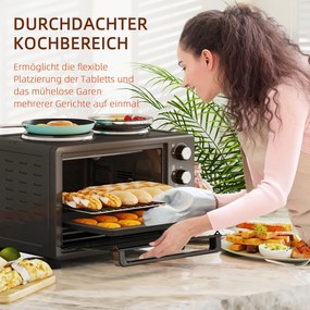 HOMCOM 28 L Mini Piekarnik, Kompaktowy Piekarnik do Gotowania i Grillowania, Elektryczny Piec z Blachą, Rusztem, 2600W - Czarny