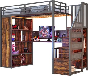 Łóżko na antresoli metalowe 90x200 cm - z otwartym wieszakiem i przegródkami do przechowywania - z biurkiem i drabiną - z taśmą LED - czarny