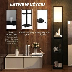 HOMCOM Lampa Stojąca z 3-Poziomową Półką, Przełącznikiem Nożnym, Portami USB, MDF, Czarny
