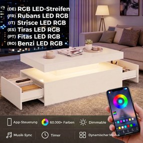 HOMCOM Stolik LED z miejscem do przechowywania, nowoczesny 2-poziomowy stolik do salonu z 2 szufladami, biały wysoki połysk | Aosom PL