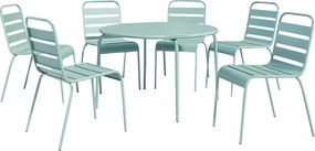 Zestaw mebli jadalnianych ogrodowych z metalu - okrągły stół o śr. 130 cm i 6 sztaplowanych krzeseł - Migdałowa zieleń - MIRMANDE marki MYLIA