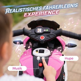 HOMCOM Elektryczny motocykl dziecięcy, światła i dźwięki, 3 km/h, akumulatorowy, tworzywo sztuczne i metal, Różowy/Biały | Aosom PL