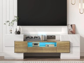 Meble TV 145x30x51 cm - z oświetleniem LED - z 4 drzwiami - 2 szufladami - półkami - biały+naturalny