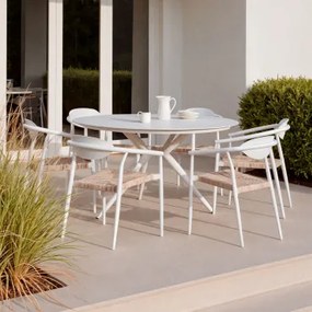 Zestaw Okrągłego Stołu Ø125 Cm Z Aluminium Valerie Oraz 6 Krzeseł Ogrodowych Z Podłokietnikami Z Aluminium I Rattanu Syntetyczne Lodowata Biel - Sklum