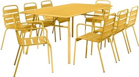Metalowy zestaw jadalniany ogrodowy - stół dł. 200 cm i 8 krzeseł z podłokietnikami (sztaplowanych) - Musztardowy żółty - MIRMANDE od MYLIA