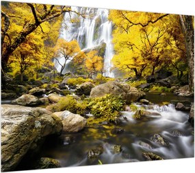 Obraz na szkle - Wodospady w jesiennym krajobrazie, żółty (70x50 cm)