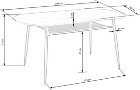 Zaowalony stół Vero 160 x 90 cm z eleganckim blatem w odcieniu złotego dębu i czarnymi nogami oraz półką pod blatem