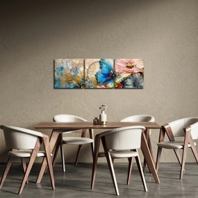 Obraz - Malowanie kwiatów i motyli (z zegarem) (90x30 cm)
