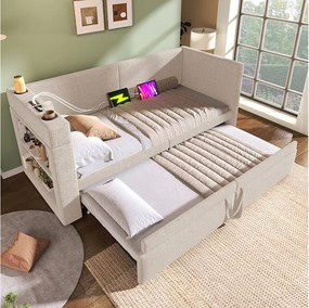 Leżanka 90x200 cm, beżowy len, łóżko wysuwane z ładowaniem USB, uchwytem na kubek i półką, bez materaca