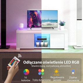 HOMCOM Stolik RTV z LED biała szafka pod telewizor do salonu z półką szklaną i otworami na kable | Aosom PL