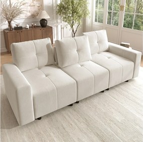 Trzyosobowa sofa w tkaninie szenilowej z solidną drewnianą ramą i plastikowymi nogami - 213 x 94 x 84 cm - Regulowane oparcie - Beżowo-biała