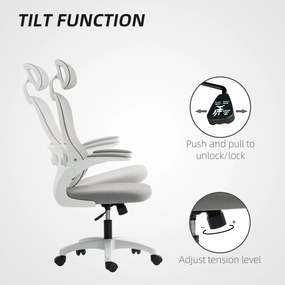 HOMCOM Ergonomiczny Fotel Biurkowy z Siatkowym Oparciem, Wysokość Regulowana, Składane Podłokietniki, 5 Kółek, Funkcja Bujania, Szary