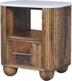 Artisan Furniture Szafka nocna Beaumont z litego drewna mango z marmurowym blatem, 1 szuflada, 1 otwarta półka, brązowo-biała