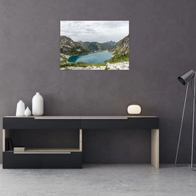 Obraz na szkle jeziora w górach (70x50 cm)