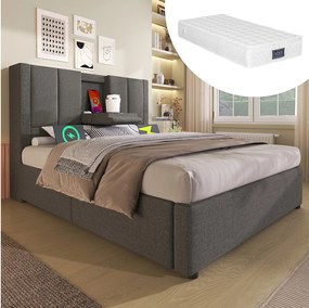 Łóżko tapicerowane z pojemnikiem na pościel - 90 x 200 cm - z ukrytym uchwytem na kubek i stacją ładującą - len - szare (z materacem)