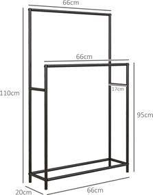 HOMCOM Stojak na ręczniki, wolnostojący, 2 drążki, odporny na rdzę, 66x20x110cm, Czarny