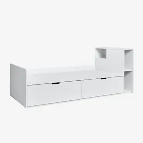 Łóżko Na Materac 90 Cm Z 2 Szufladami I Pojemnikiem Janete Biała & Prawo & 90 X 190 Cm - Sklum