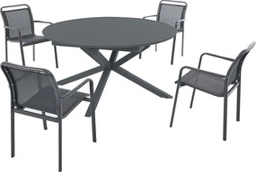 Zestaw mebli ogrodowych z aluminium : okrągły rozkładany stół 150/200 cm i 4 sztaplowane fotele - Antracyt - VELYRA marki MYLIA