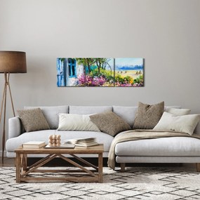 Obraz ogrodu przed domem, obraz olejny (z zegarem) (90x30 cm)