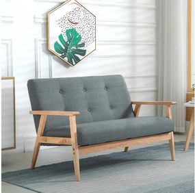 Szara sofa 2-osobowa - Sofa z podłokietnikami i drewnianym oparciem - do salonu