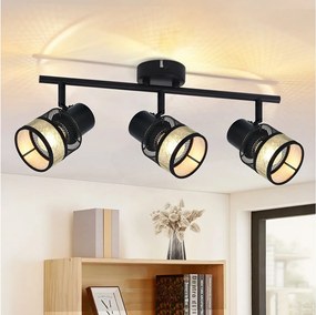 NETTLIFE Lampa sufitowa 3 punkty E27 metal max. 25W czarno-złoty abażur z tkaniny vintage obracany o 330° do salonu, sypialni, kuchni, przedpokoju, schodów