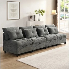 Modułowa Sofa 4-osobowa z Weluru - z 8 Poduszkami i 4 Miejscami do Przechowywania - Max. Obciążenie 500kg - 274x76x87cm - Szary