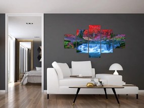 Obraz wodospadu w czerwonym lesie (125x70 cm)