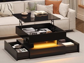 Regulowany stolik kawowy 65×65×38,5 cm - błyszczące wykończenie - z oświetleniem LED - 2 szuflady - czarny