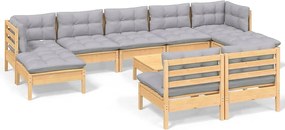 Komplet Mebli Ogrodowych 10 szt. z Drewna Sosnowego z Szarymi Poduszkami