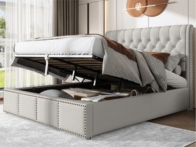 Łóżko tapicerowane lniane - ozdobione nitami - z stelażem na listwy - 140x200cm - Jasnoszare