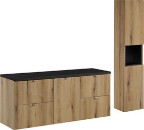 Zestaw łazienkowy Nova 49, dąb coast evoke/czarny mat - szafka 140 cm z koszem na pranie i słupek