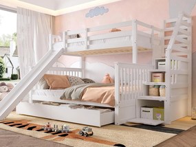 Łóżko piętrowe z litego drewna - 90x200cm + 140x200cm - ze schodkami do przechowywania i zjeżdżalnią - białe