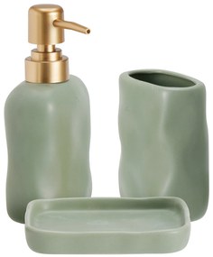 Zestaw łazienkowy EON, ceramiczny dozownik ze złotą pompką, kubek i taca
