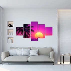 Obraz - Fioletowy zachód słońca z palmą (125x70 cm)