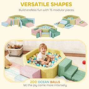 AIYAPLAY 15-częściowy zestaw miękkich klocków, 200 plastikowych piłek, basen z piłkami dla maluchów, do wnętrz, pianka, kolorowy