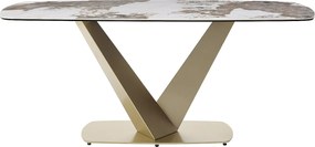 Stół do jadalni dla 6 osób z ceramiki, szkła hartowanego i złotego metalu - Efekt białego marmuru i szary - PORELIMA marki Maison Céphy