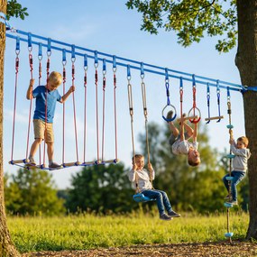 AIYAPLAY Ninja Line dla dzieci, zestaw 24 m Slackline z pierścieniami gimnastycznymi, 7 przeszkodami, mostem do balansowania, dla dzieci w wieku 3-6 lat, czerwony+niebieski | Aosom PL