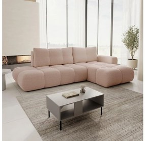 Rozkładana narożna kanapa tapicerowana ALMADA, układ L, prawostronna, różowa, z pojemnikiem na pościel