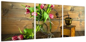 Obraz - tulipany, młynek i kawa (z zegarem) (90x30 cm)