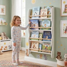 AIYAPLAY Regał na książki dla dzieci, regał z 4 półkami, regał ścienny z zabezpieczeniem antywywrotowym Montessori 60 x 10 x 98 cm, Biały | Aosom PL