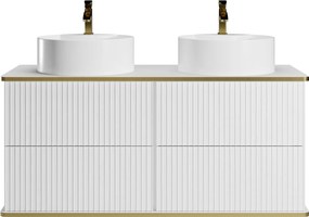 Szafka łazienkowa wisząca  ryflowana ze złotą listwą i dwoma okrągłymi umywalkami nablatowymi - Biały - 120 cm - KELIZA