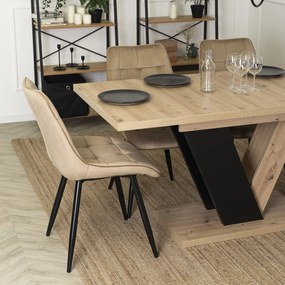 Zestaw Stół Prostokątny Rozkładany CLARK 120-160 cm Dąb Artisan/Czarny i 4 Krzesła Tapicerowane do Jadalni RIO Beżowe Welurowe