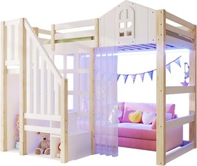 Łóżko piętrowe dla dzieci - 90 x 200 cm - z oświetleniem LED + drabinka ze schowkiem - kształt okna - drewno - białe + naturalne